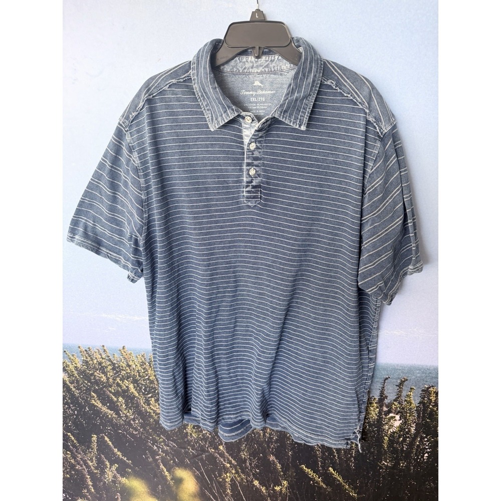 Tommy Bahama Polo Shirt‎ Men's XXL Blue Striped Cotton Short Sleeve Denim Design